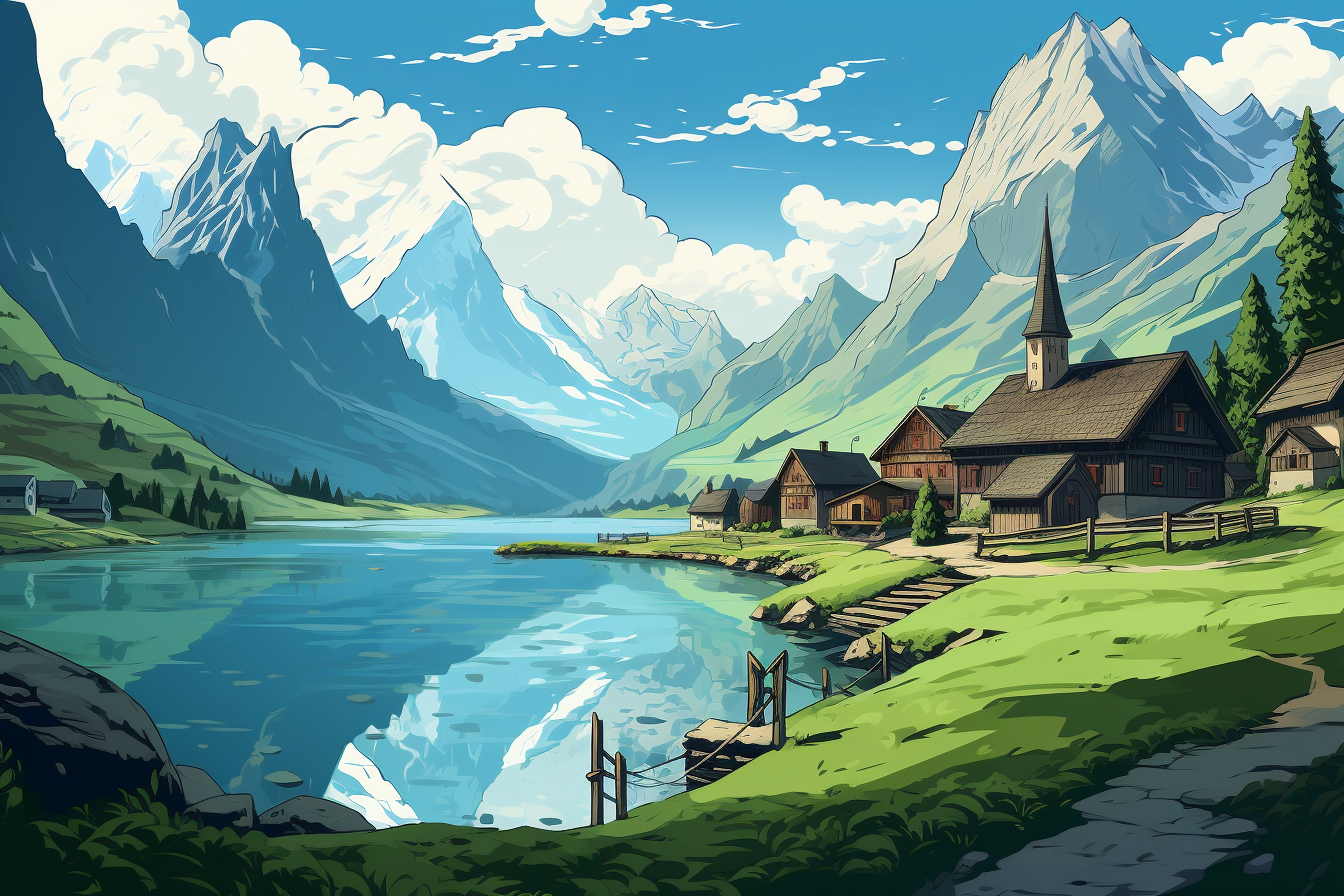 European village landscape with mountains and lake