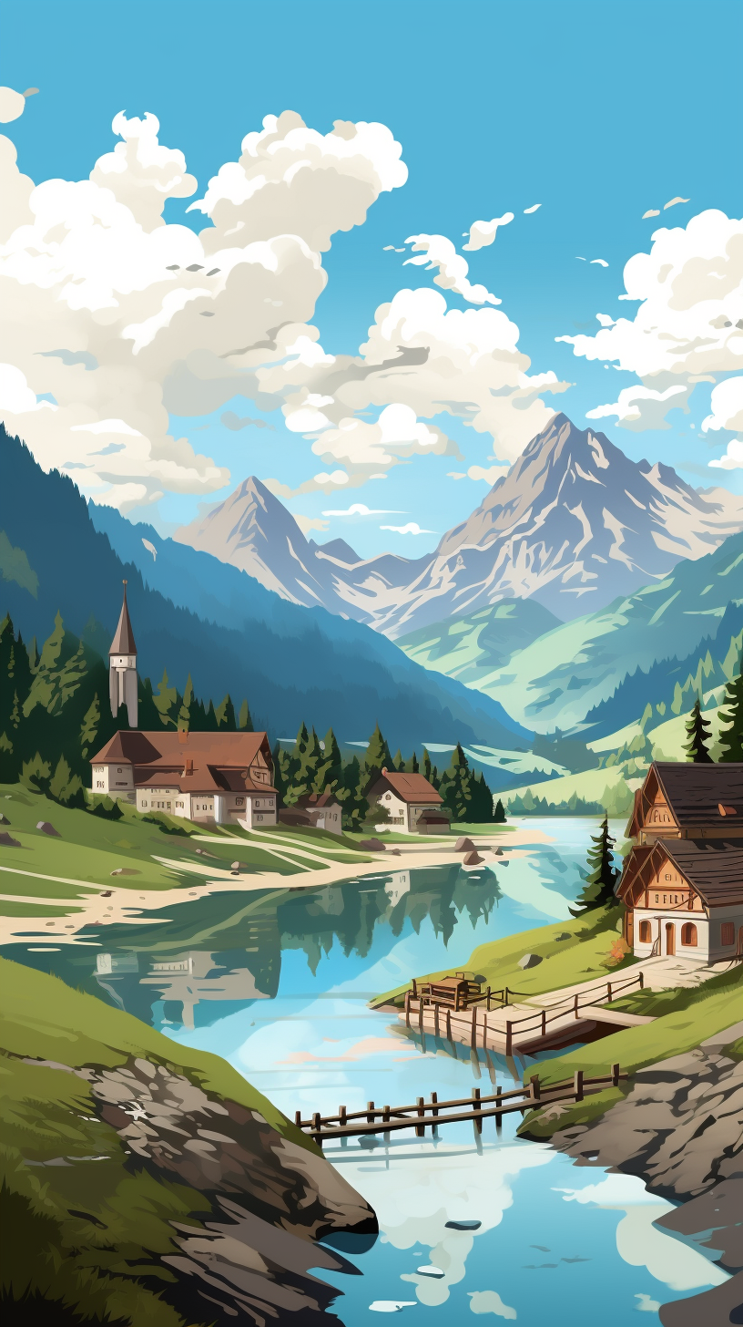 European village landscape with mountains and lake