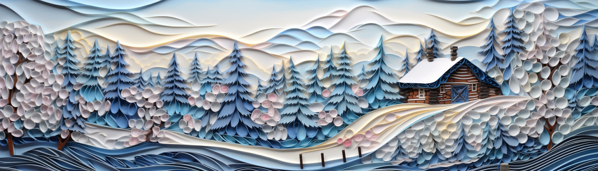 Quilled winter landscape inside log cabin