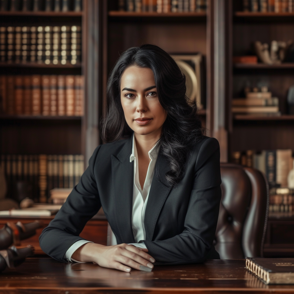 European female lawyer sitting at wooden desk