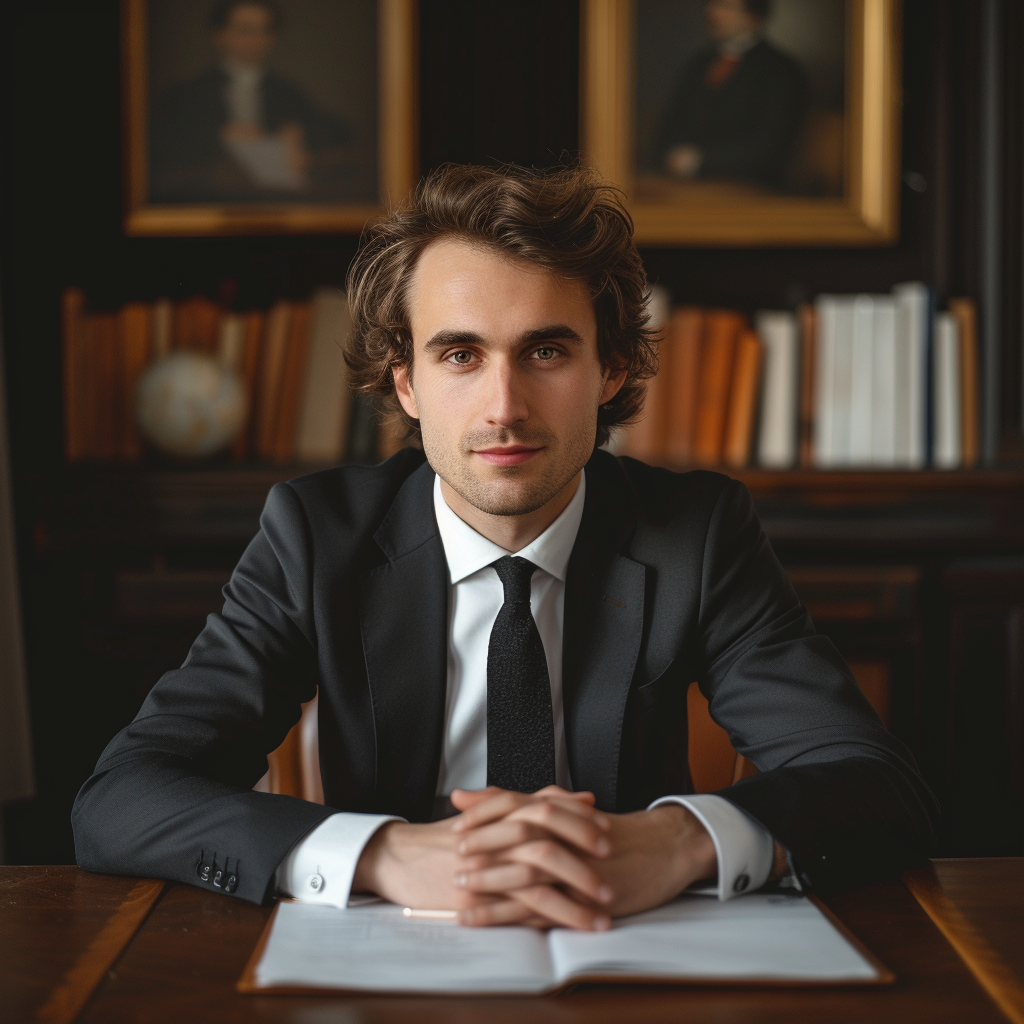 European male lawyer sitting at wooden desk