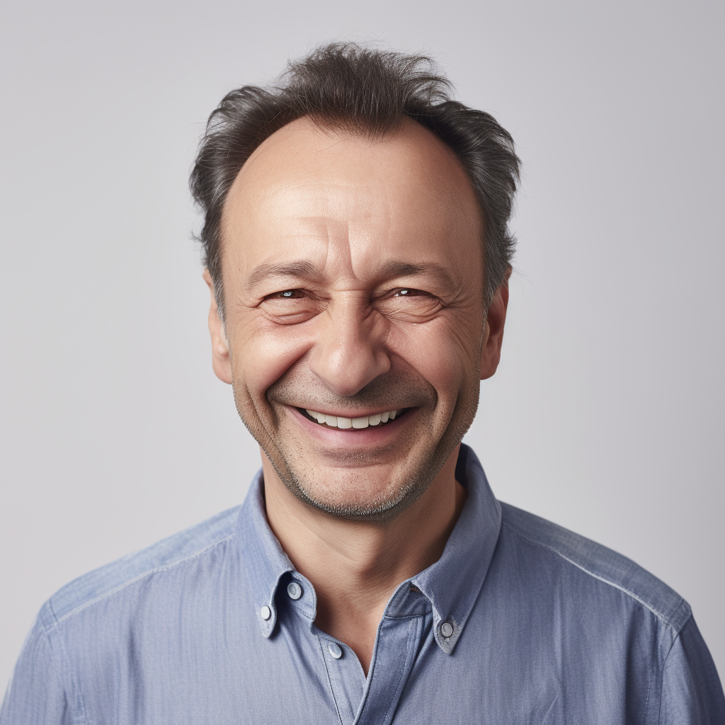 Cheerful European man with modest smile wearing a shirt