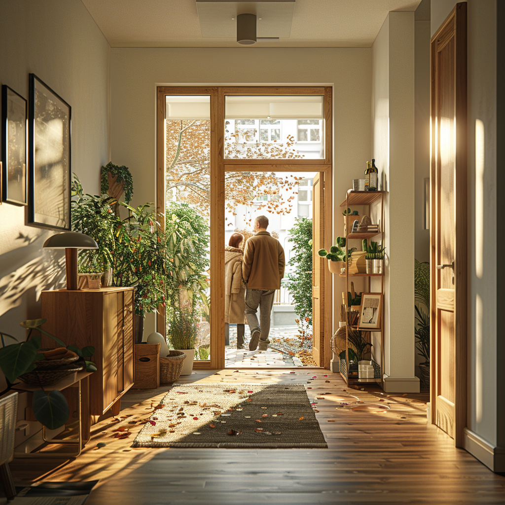 Couple entering European apartment morning