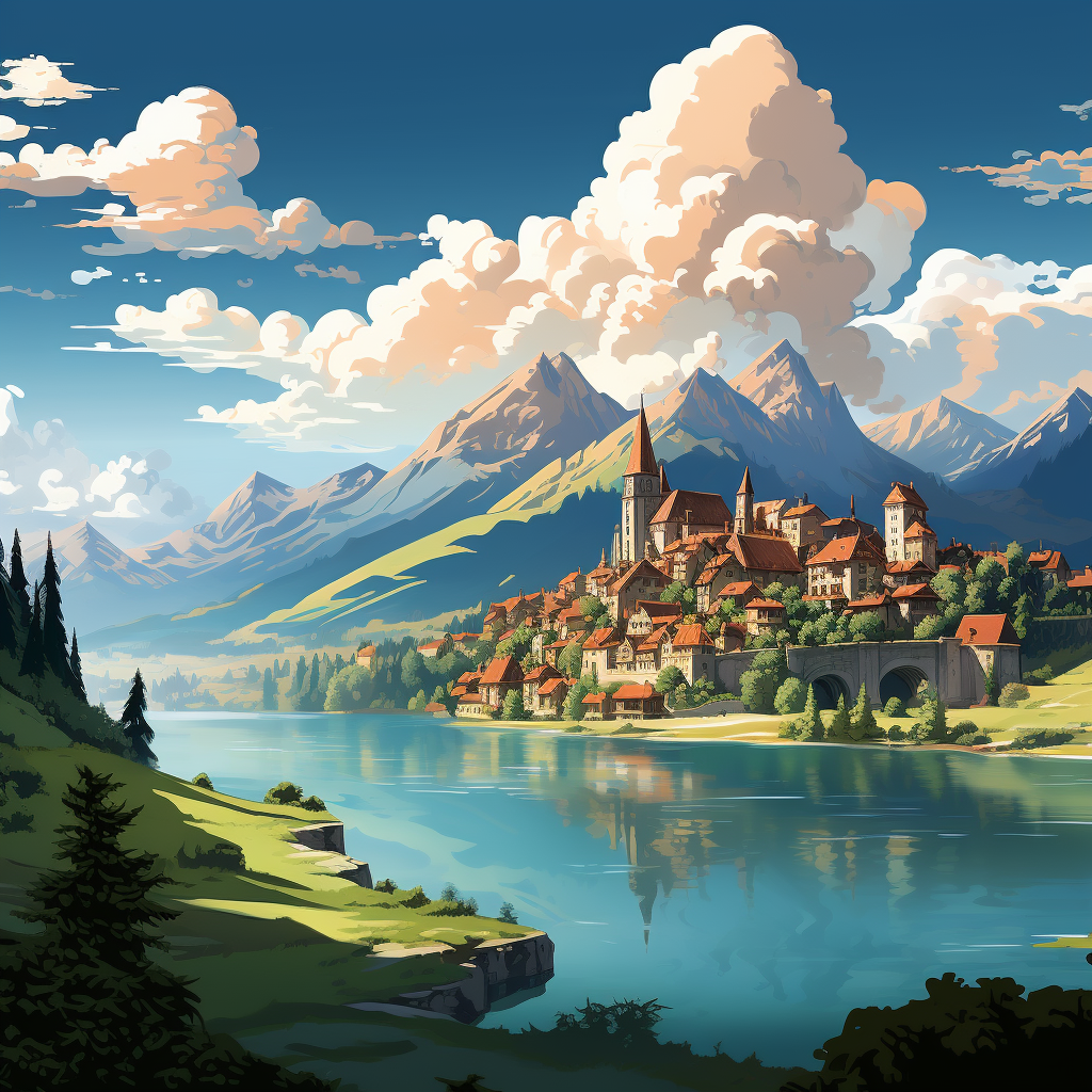 European town surrounded by mountains and lake