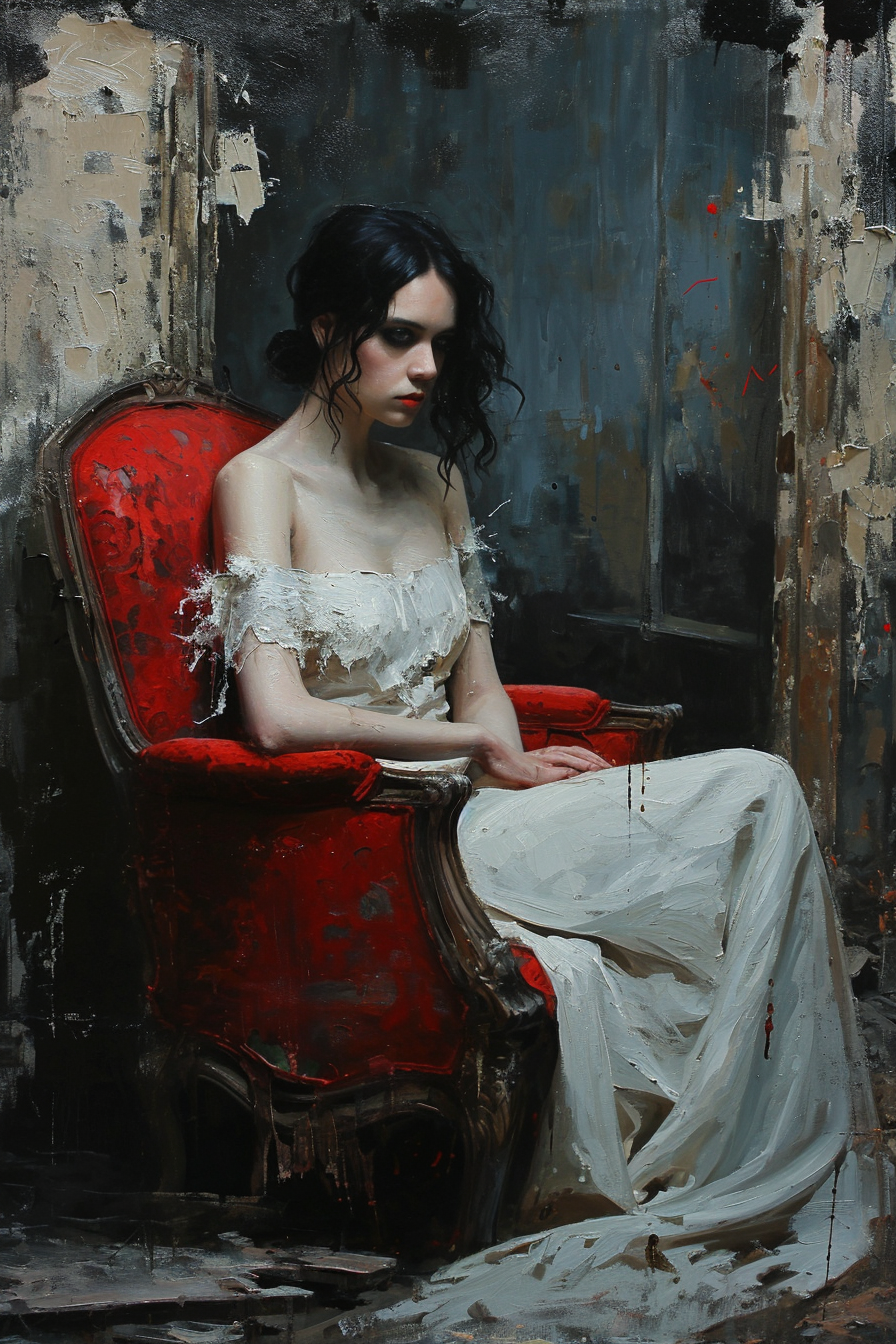 Photorealistic Eva Green painting in an abandoned building