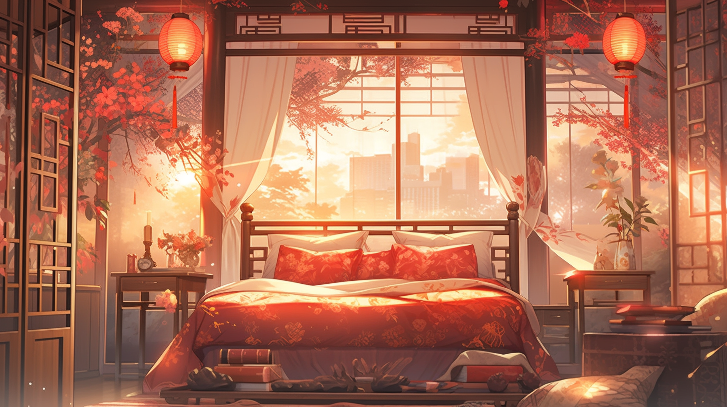 Anime Bedroom with Red-themed Open Window