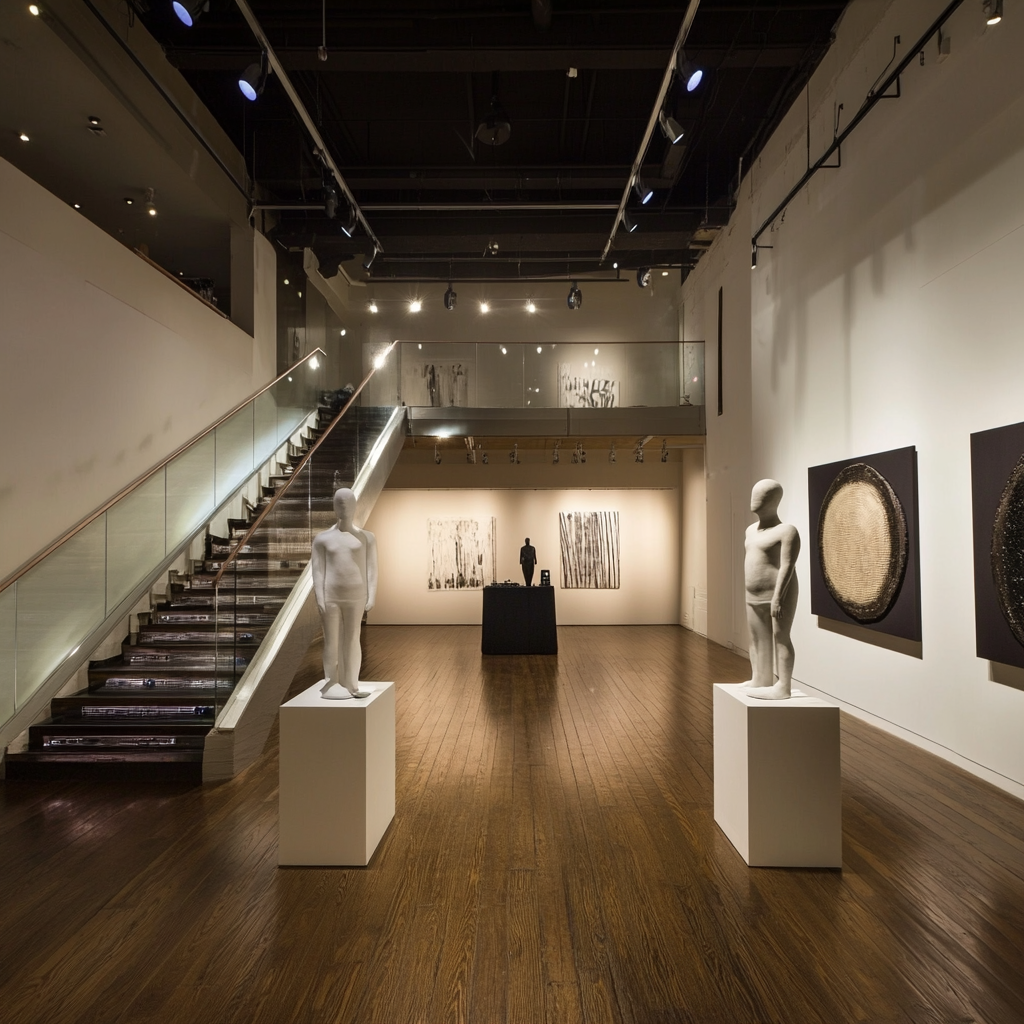 evening event in modern gallery room with mannequins