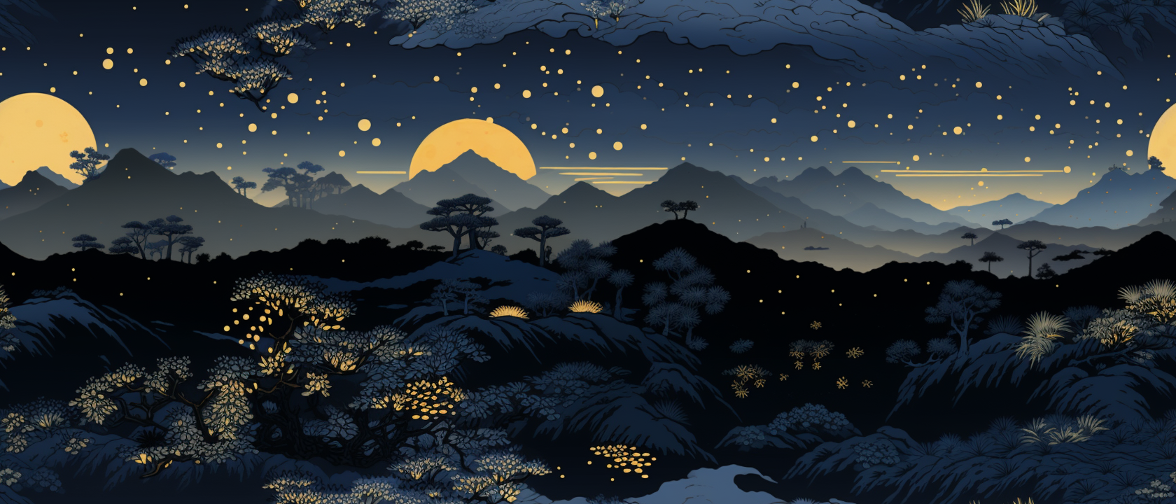 Japanese Woodblock Print of Evening Sky with Fireflies