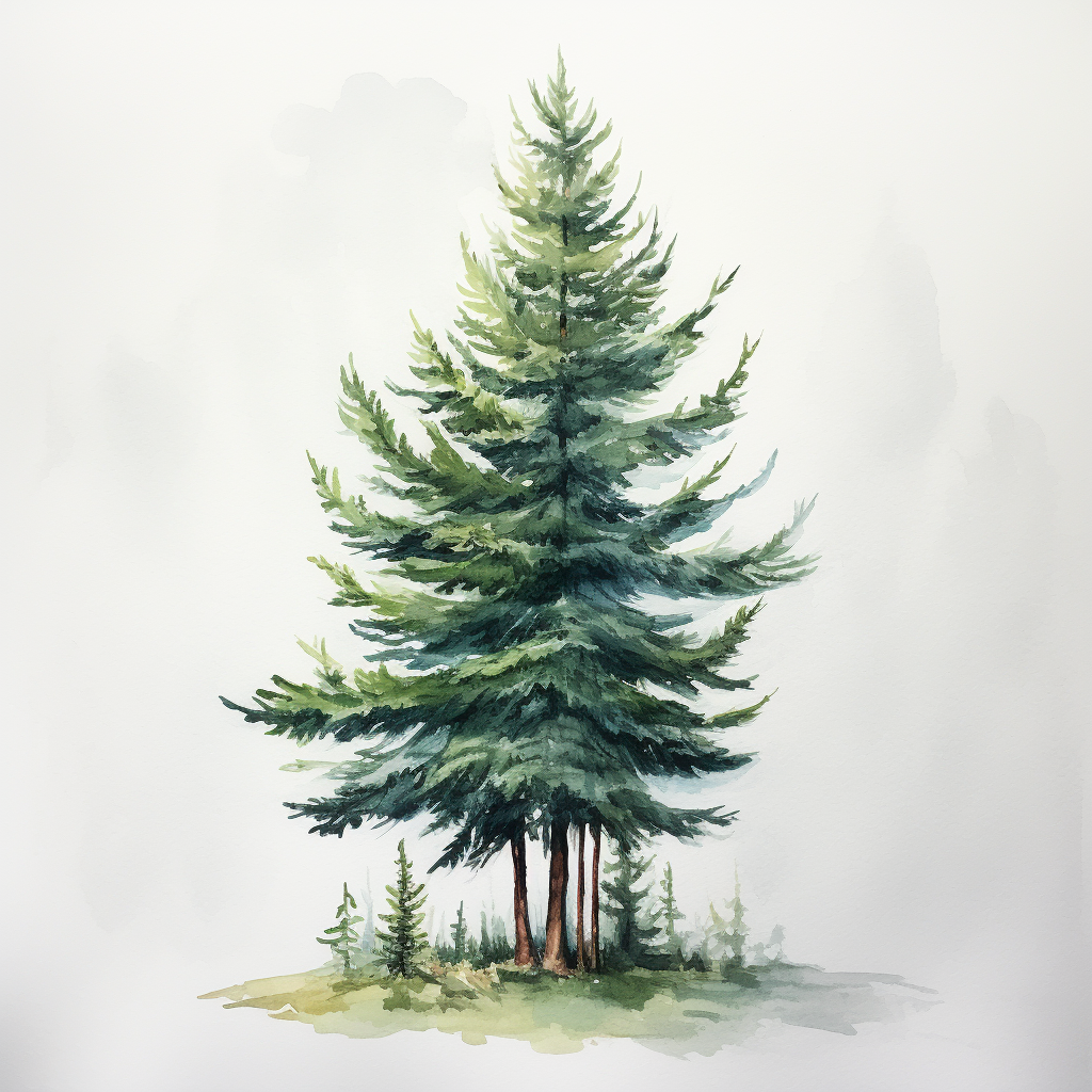Beautiful watercolor evergreen tree with subtle wash background