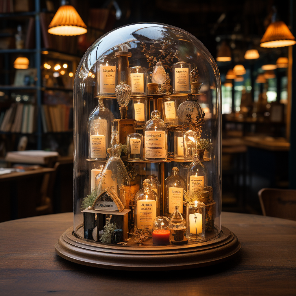 Everyday objects under glass bell in cozy bookshop