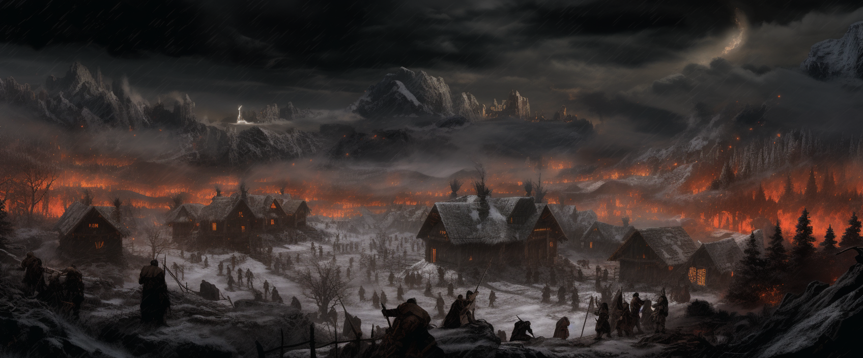 Evil Barbarian Army destroys innocent village in snowy landscape