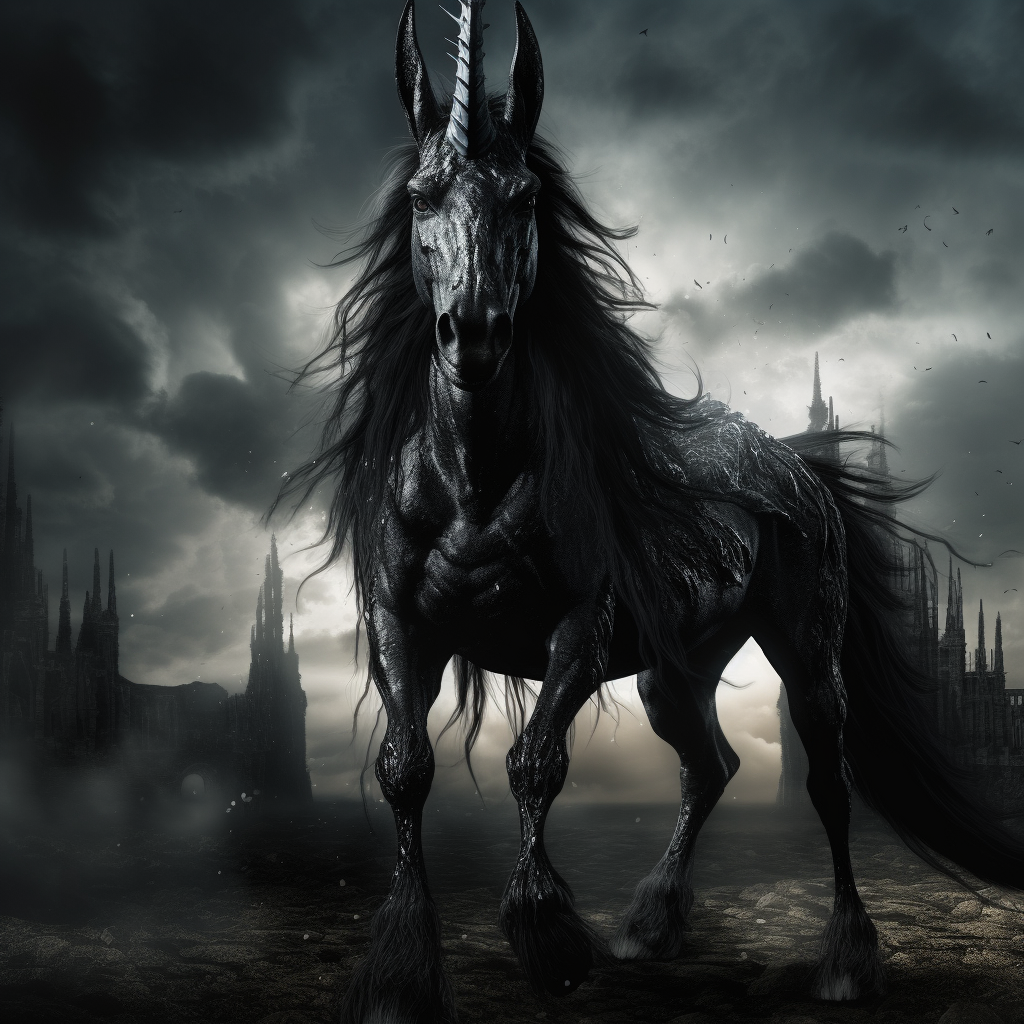 Sinister black unicorn with fluffy hooves