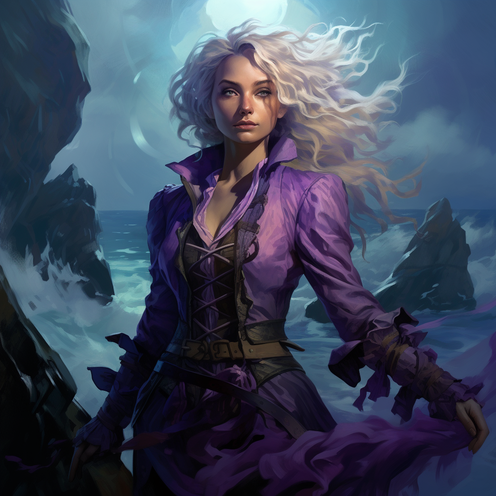 Evil blond female ocean druid in purple clothes