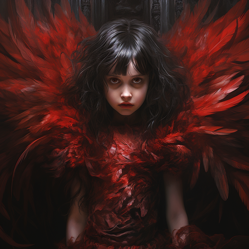 Creepy digital painting of an evil cherub with angel wings