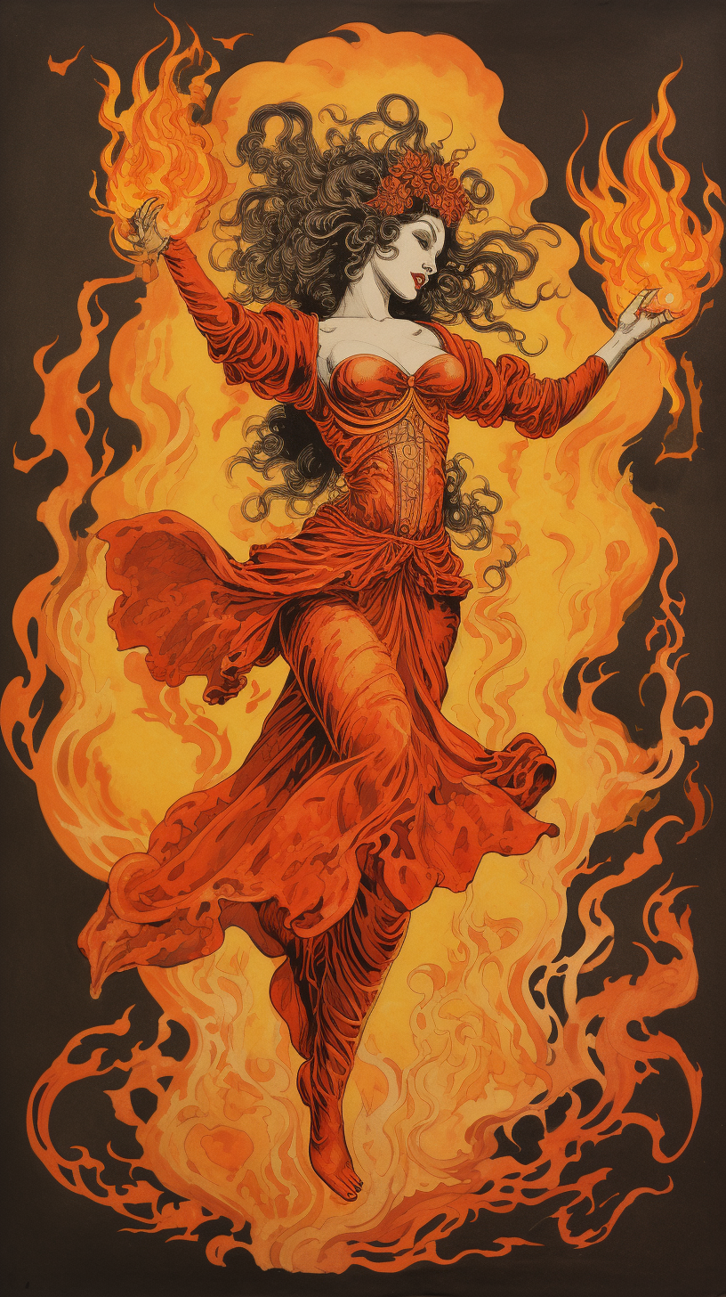 Dark fantasy art of evil jester dancing with fire