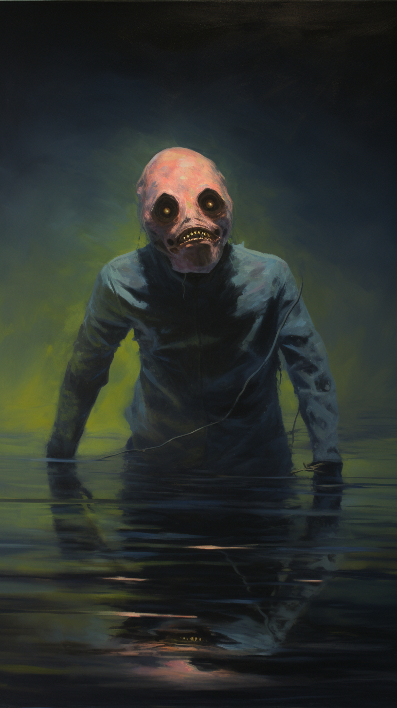 Scary evil fish humanoid creature in a swamp