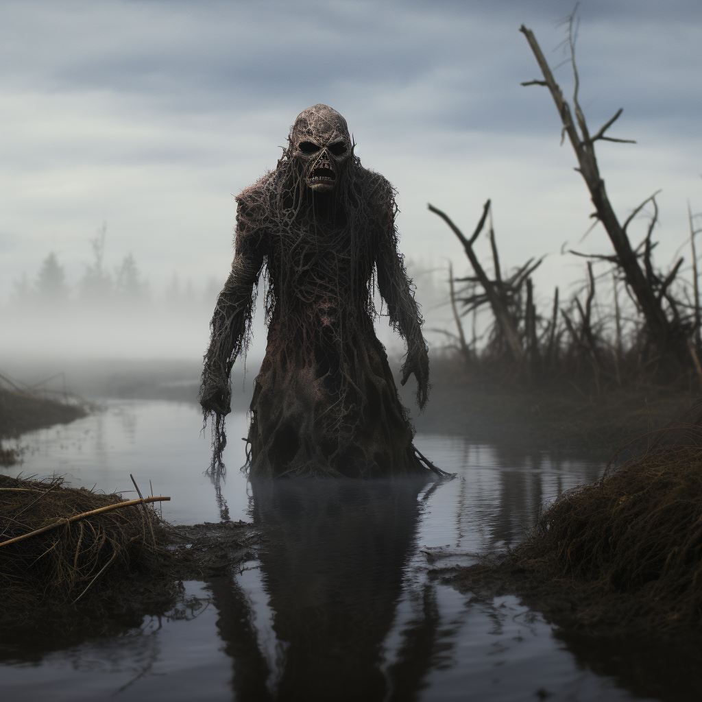 Terrifying water hag in misty bog