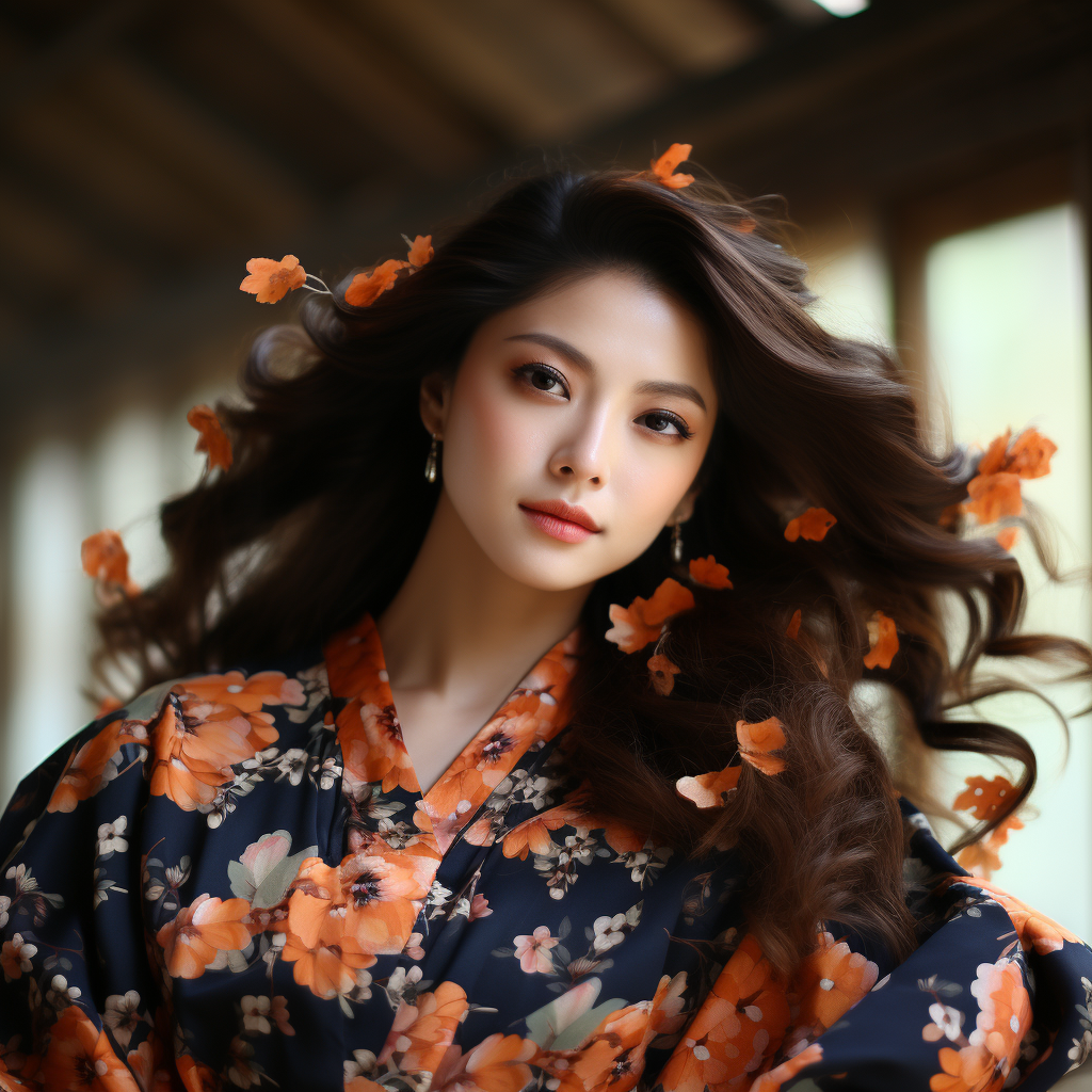 Ethereal Geisha in Orange Chiffon Dress