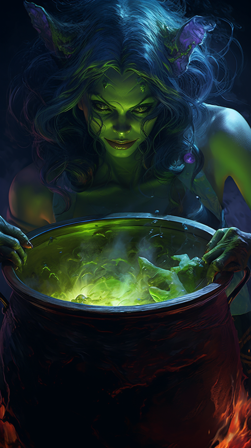 Cinematic close-up of a green-skinned witch cooking