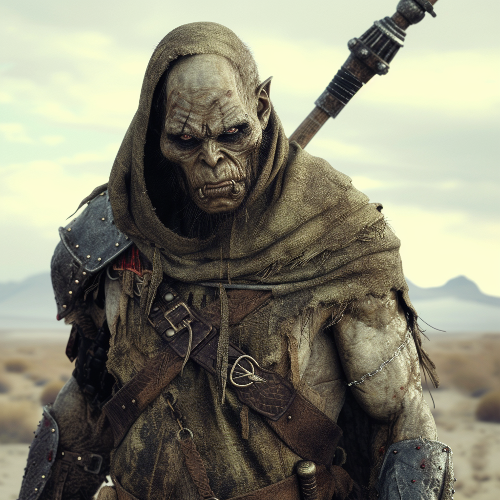 Evil Half-Orc Fighter in Desolate Wasteland