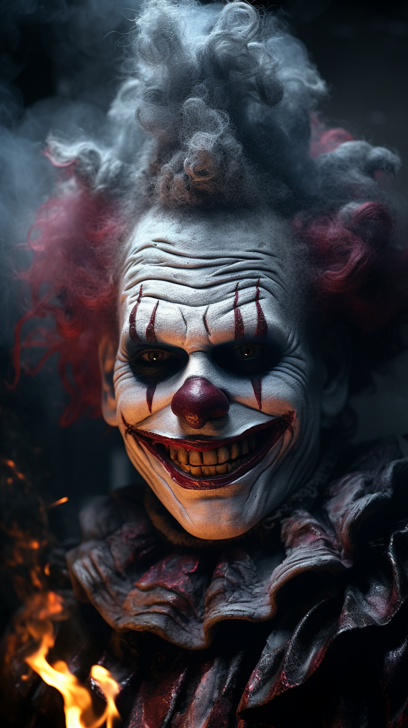 Sinister evil clown surrounded by smoke