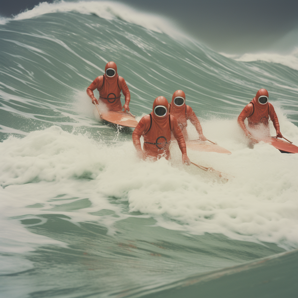 Retro 1960s film image of evil Martians surfing moon waves