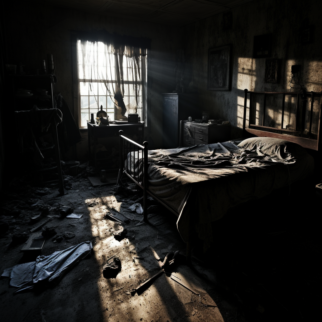 Dark and Sinister Shadows in Abandoned Bedroom