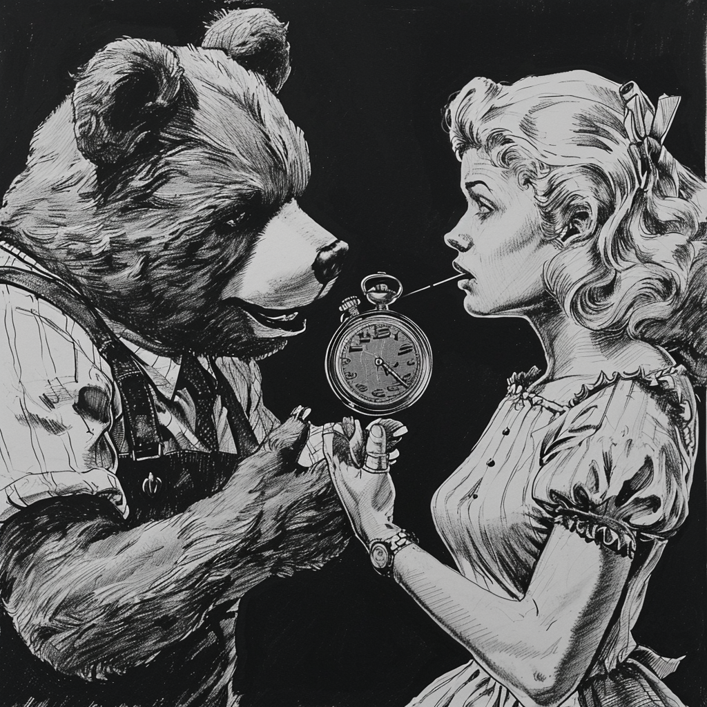 Evil Teddybear Hypnotizing Blond Woman with Pocket Watch.