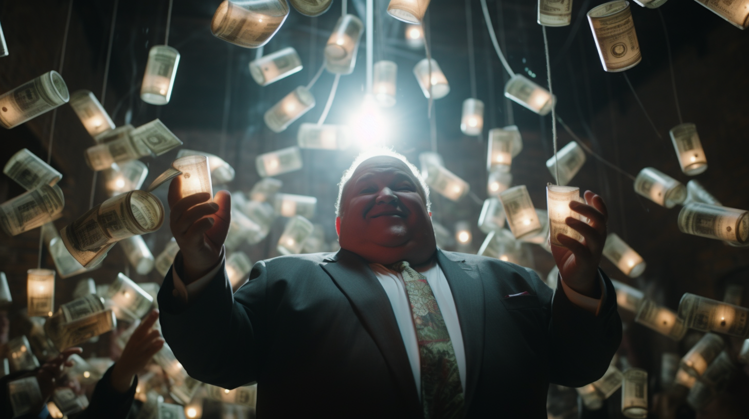 Evil businessman holding light bulb surrounded by money