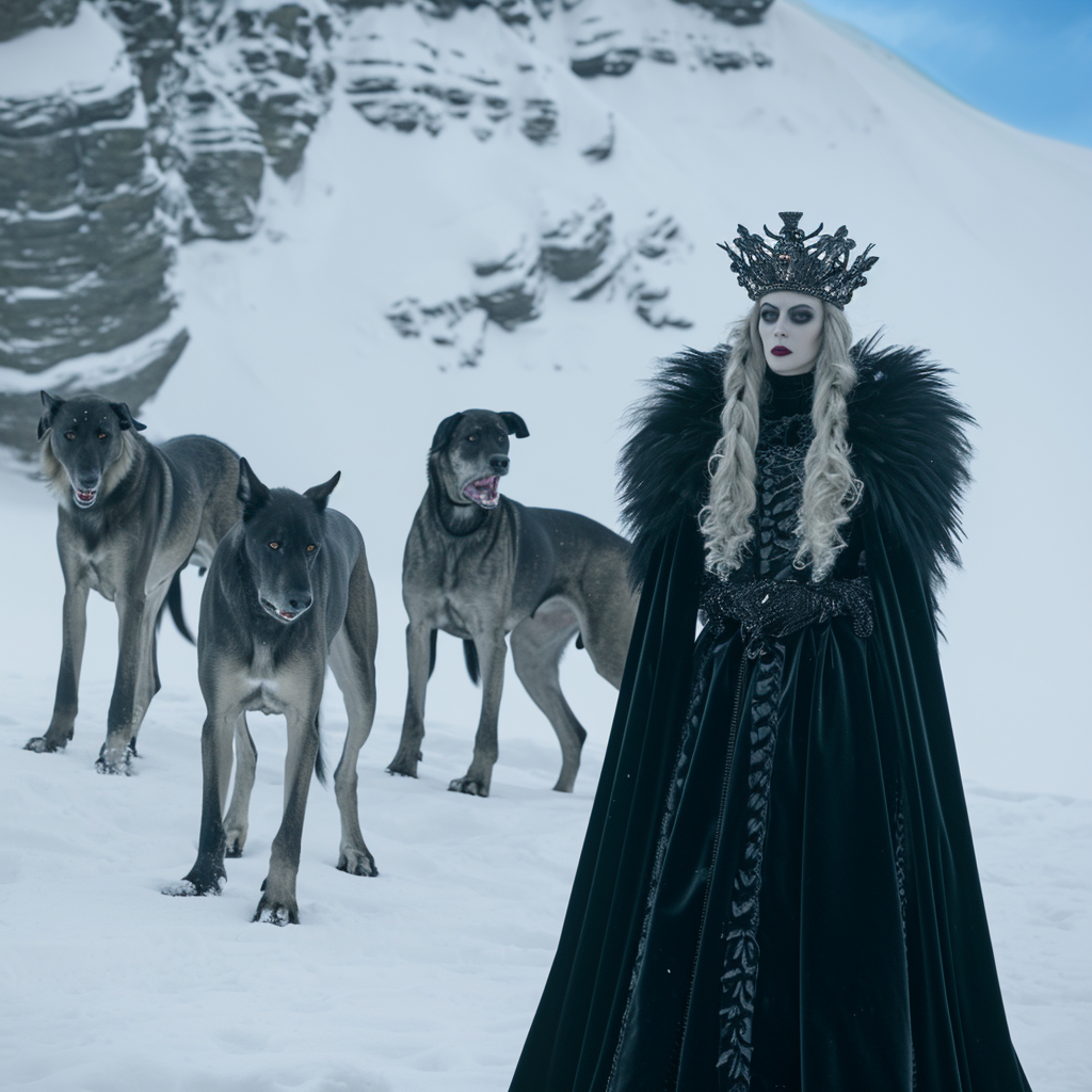 Evil villain queen with Irish Wolfhounds in snow