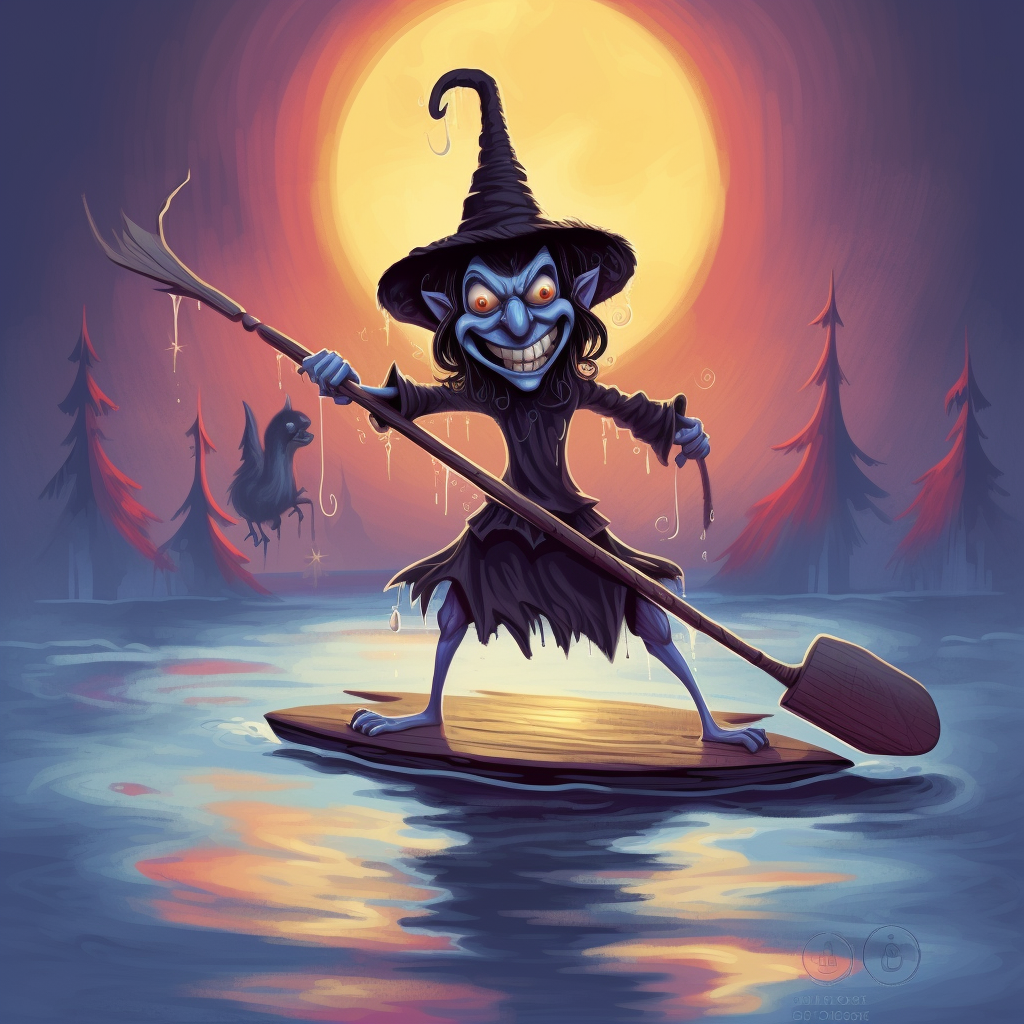 Cartoon illustration of evil witch on paddle board