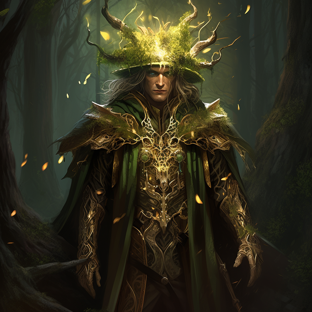 Evil Wood Elf Sorcerer in Green Cloak with Gold Adornments