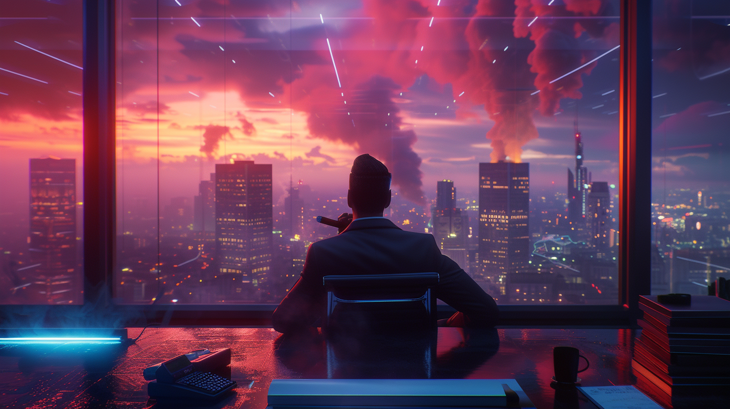 Man in Suit Smoking Cigar in Boardroom