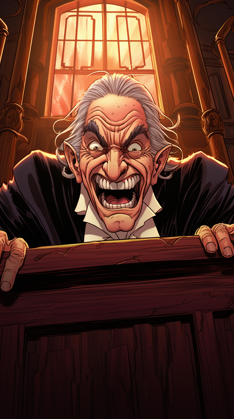 Evil fantasy judge in courtroom