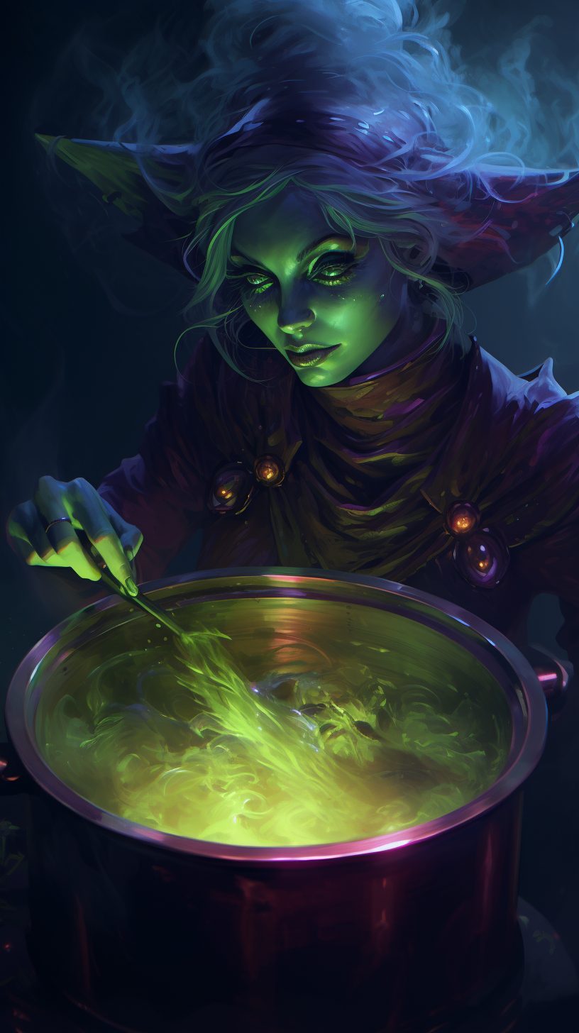 Close-up of an evil green-skinned witch cooking with a huge cauldron