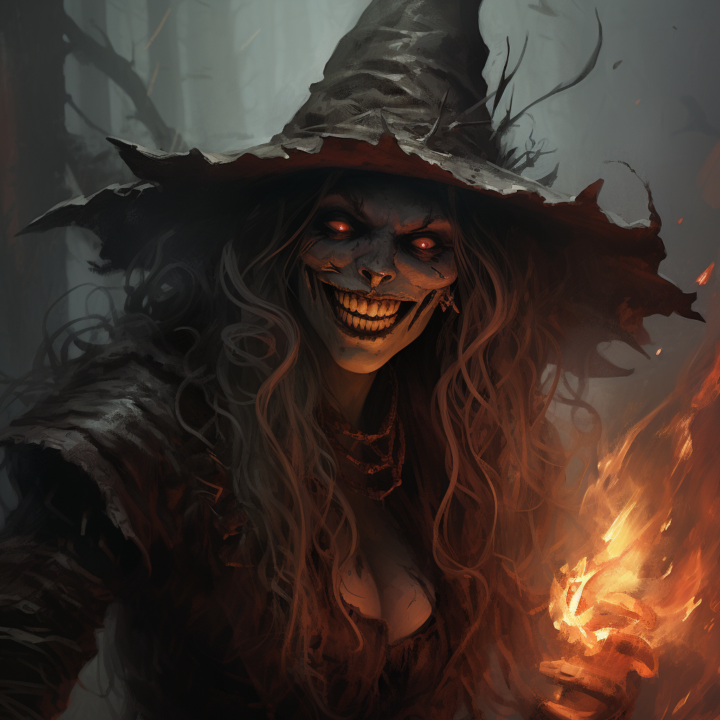 Dark fantasy hag witch with evil grin