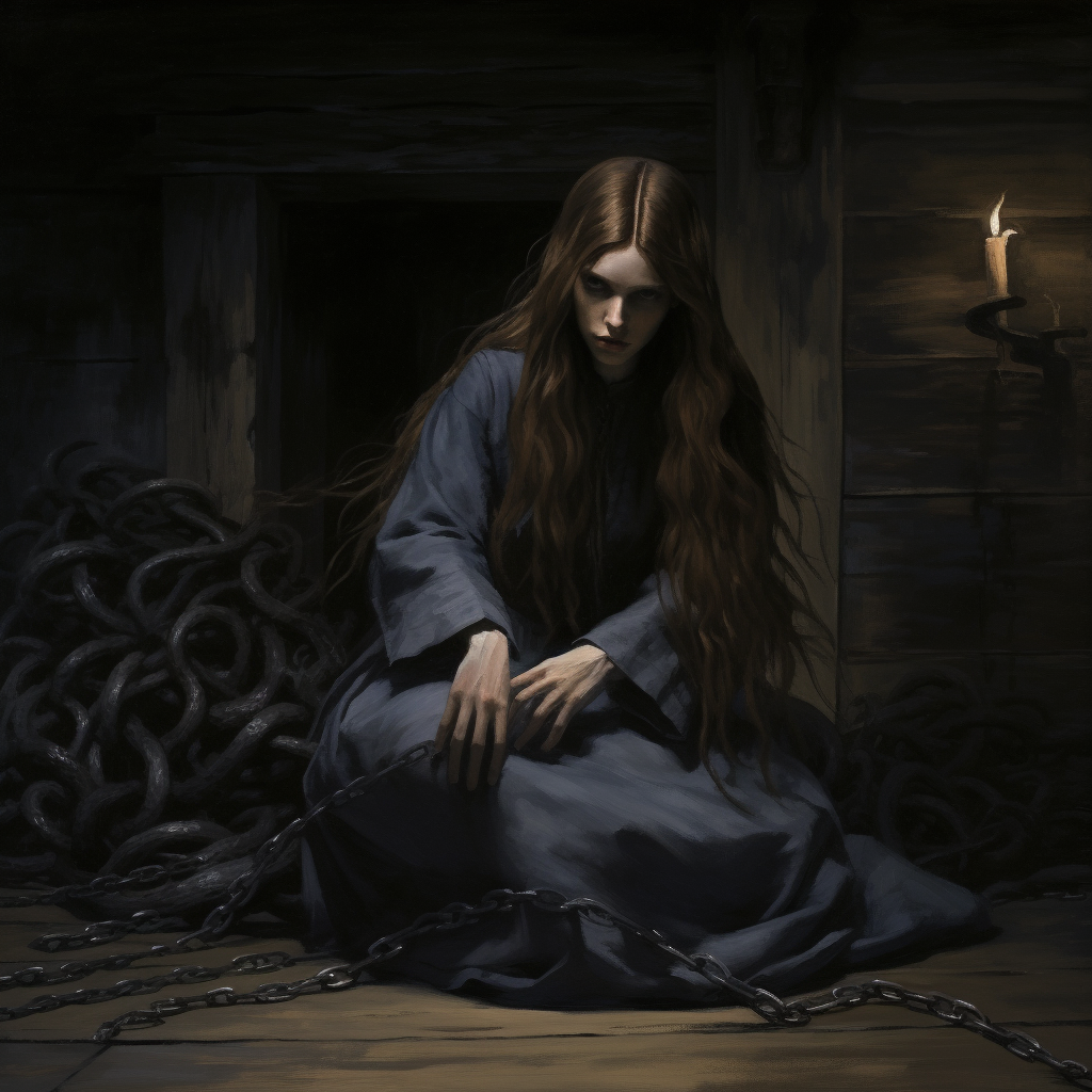 Mysterious evil long-haired witch in surreal art