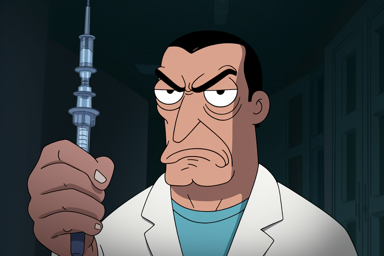 Sinister man wielding syringe in Family Guy animation