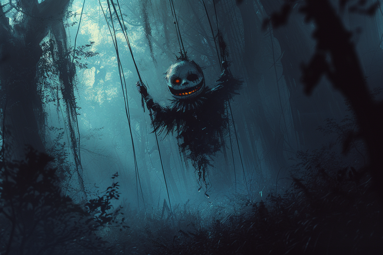 Evil Smiling Human Marionette in Dark Forest