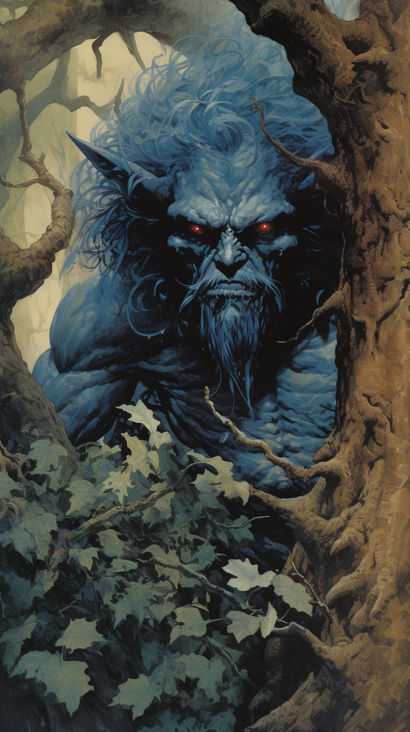 Dungeons and Dragons style evil tree creature with blue eyes