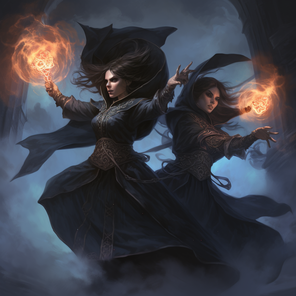 Dark sorceress sisters casting sinister spells