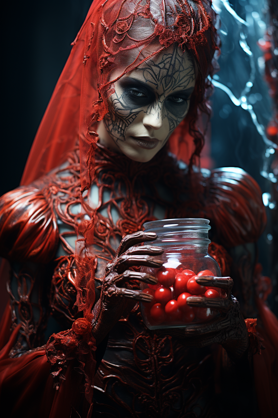 Scary woman holding red liquid in crystal jar