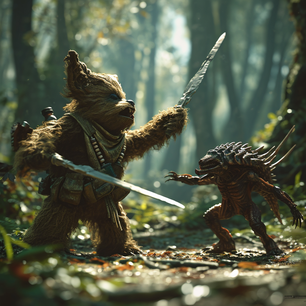 Ewok and Tyranid dueling on Endor