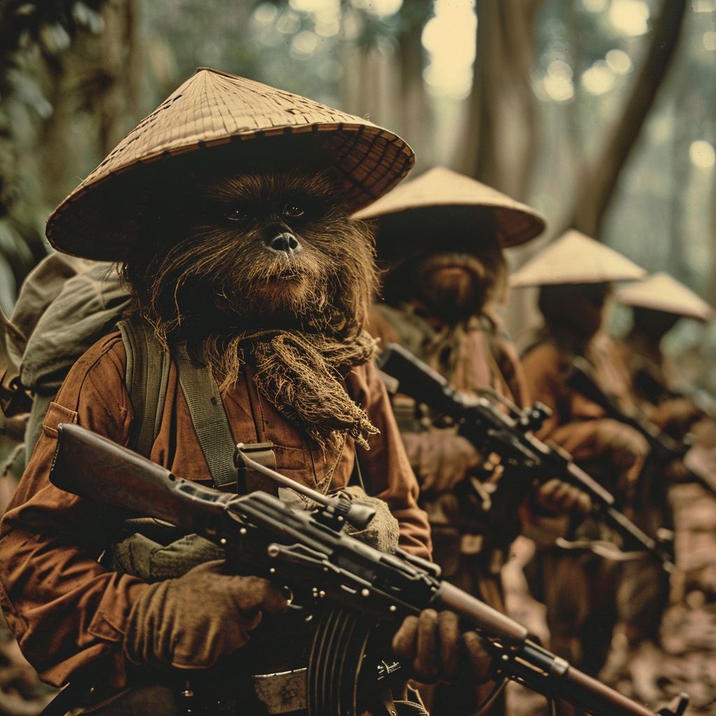 Ewok Vietcong with conical hats and AK-47s