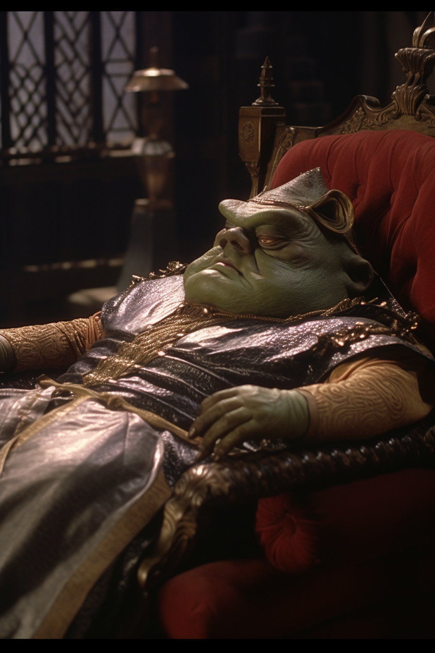 Jabba from Star Wars sleeping in his throne