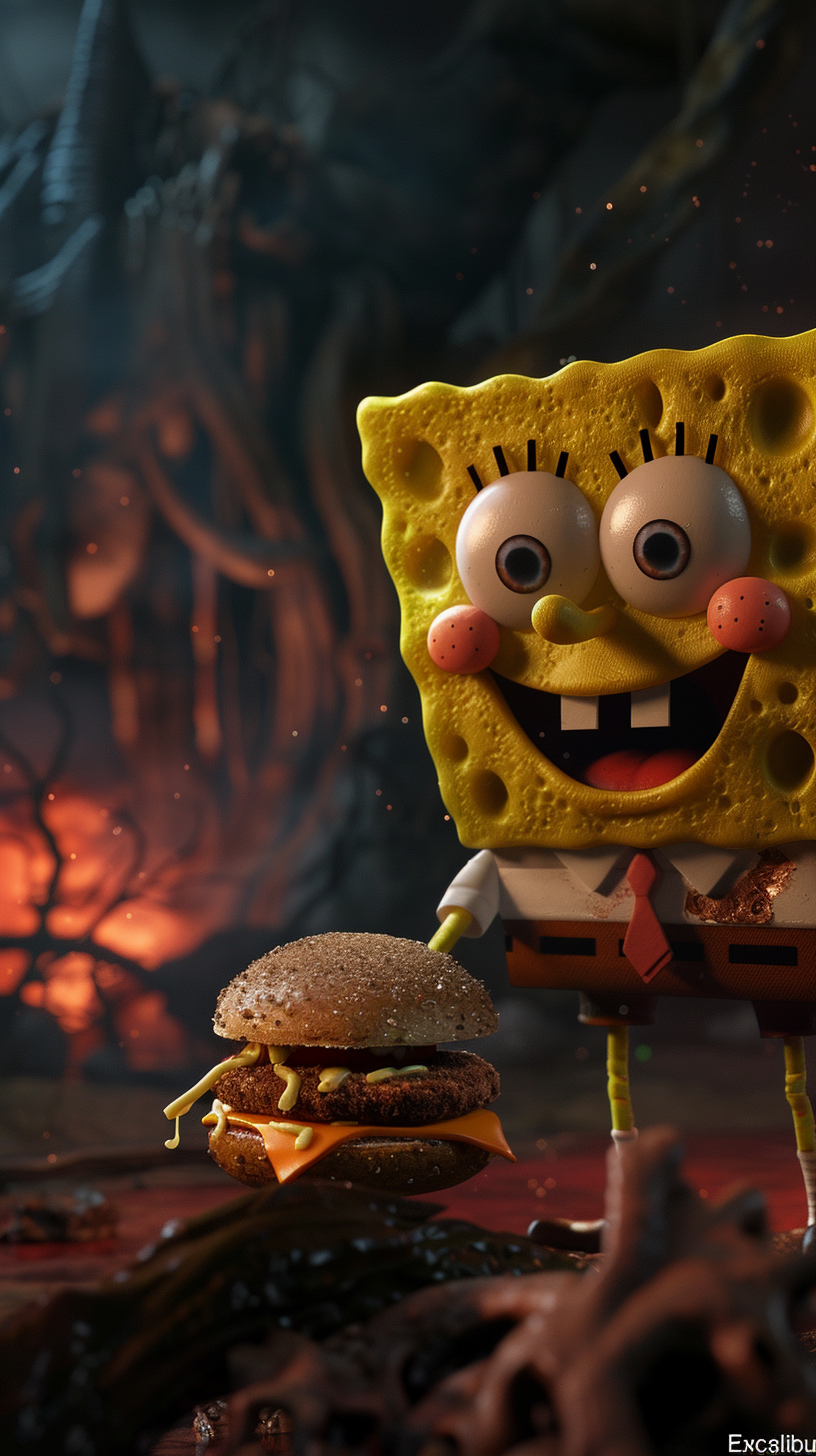 SpongeBob holding Krabby Patty burger