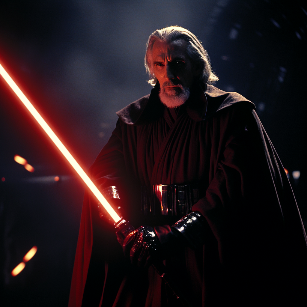 Count Dooku ignites red lightsaber in Excalibur