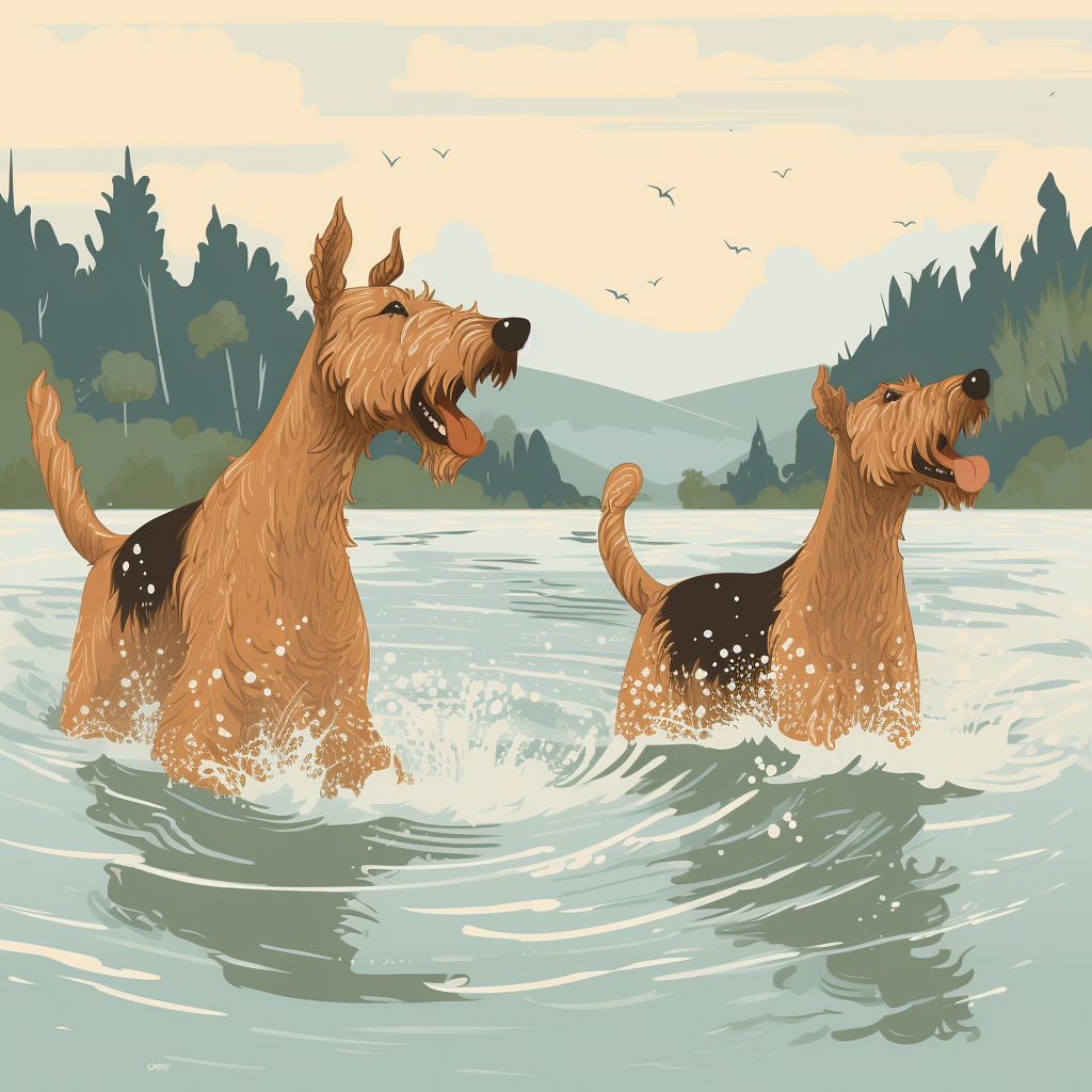 Two Airedales happily swimming in a river