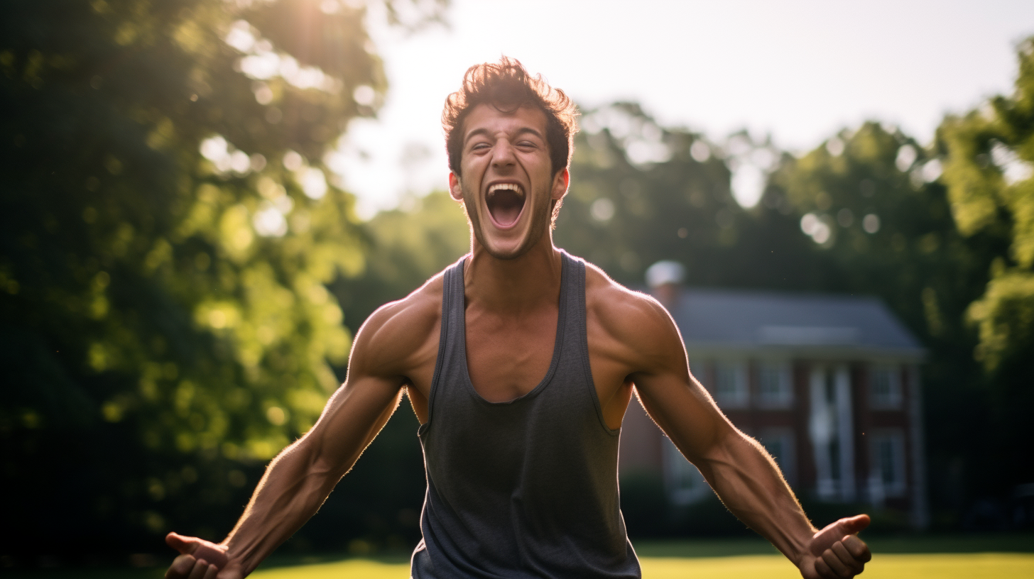 College-aged man excitedly enjoying outdoors