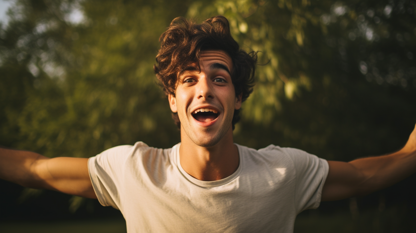 Excited college man showing shoulder